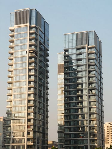 Straight-on architectural perspective of modern glass residential towers in Kharadi, bright afternoon sunlight, clean geometric lines