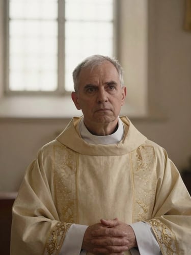 A warm portrait of a Catholic deacon in vestments, soft natural church window light, rich muted earth tones, shallow depth of field, 35mm