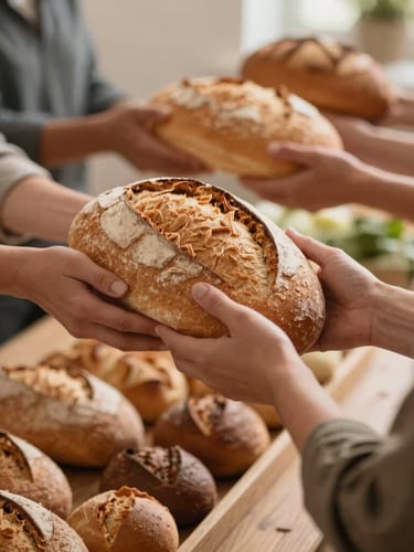 A warm, natural light photograph of hands distributing fresh bread and produce to community members, soft focus, rich earth tones