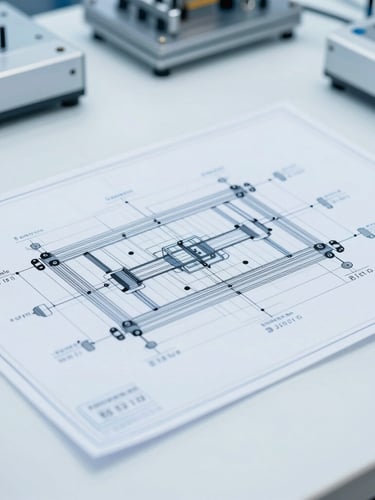 Crisp industrial photography of a technical blueprint layout of an automated workshop on a bright clinical white desk, subtle cool blue overlays, sharp focus, 35mm lens