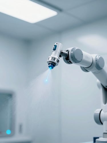 Close-up of a high-tech robotic spray arm in a clinical paint booth, spraying fine mist with electric cyan laser guidance lines, bright clinical studio lighting, cool blue and white tones, sharp focus.