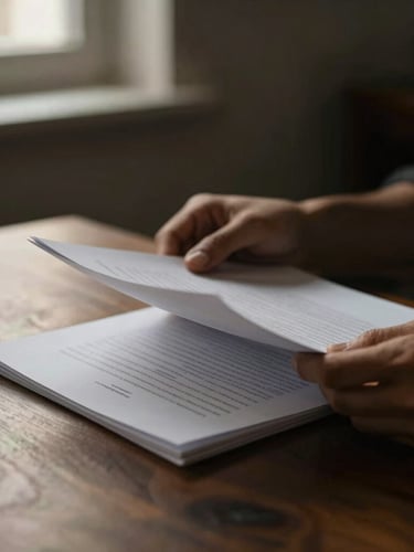 Tight macro shot of focused hands reviewing high-quality paper briefs on a dark oak table, soft directional window light, deep shadows, warm cream tones.