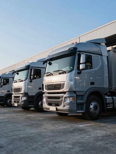 Low-angle wide shot of active modern freight trucks parked at concrete loading docks under crisp morning daylight, cool blue tones