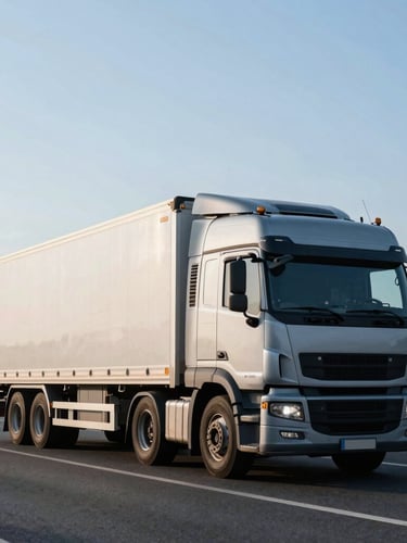 An active cross-border freight truck in motion on a highway under crisp morning daylight, cool blue tones, high-detail editorial