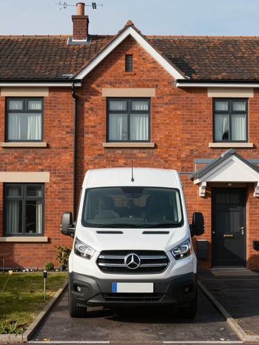 Straight-on eye-level photo of a modern red-brick Wigan terraced house with a large transit van parked cleanly in the private driveway under bright daylight.