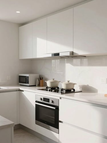 Bright, natural daylight shot of a fully equipped modern kitchen with clean countertops and integrated appliances.