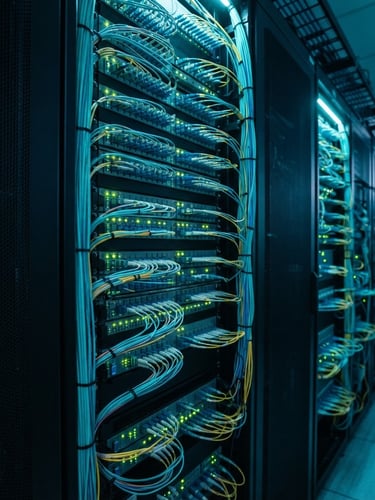 Sleek corporate technology photography of high-density fiber optic patch panels in a modern server room, cool neon cyan LED indicator lights, sharp high-contrast details, wide-angle architectural lens, 35mm