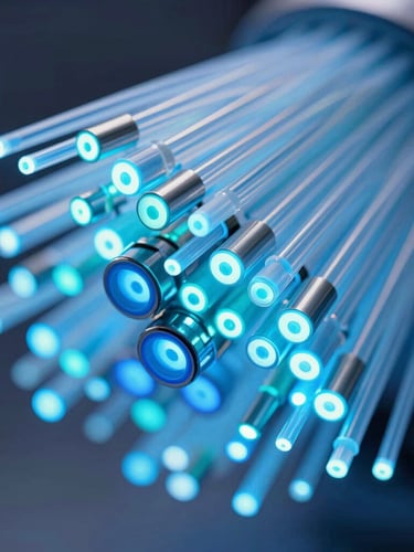 Macro close-up of fiber optic connections glowing with blue and cyan light, sharp high-contrast details, sleek corporate technology photography, 35mm