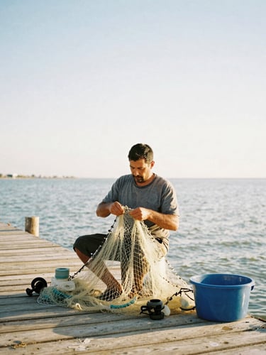 An authentic local fisherman repairing nets on a wooden dock by the Mar Menor, soft warm Mediterranean morning light, 35mm photography