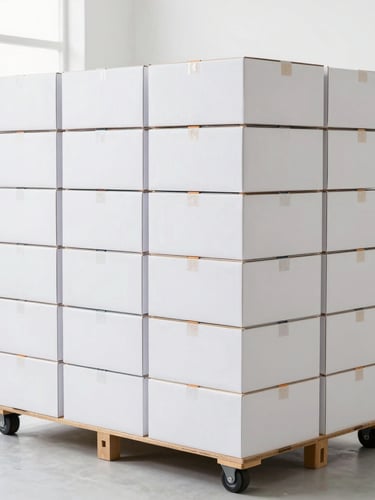A crisp, medium shot of neatly stacked, clean wholesale cartons in a bright, modern distribution hub with high-key natural light.