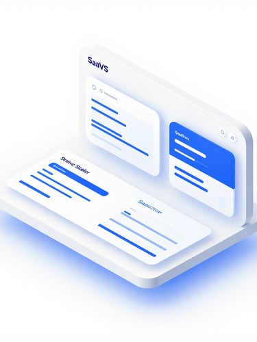 Isometric view of a modern SaaS builder interface on a clean white device, showcasing crisp vector wireframes, electric blue layout guides, and high-key studio lighting.