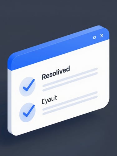 Minimalist tech 3D render of a clean vector UI support ticket interface, electric blue accents, bright studio lighting, isometric view showing resolved status checkmark.