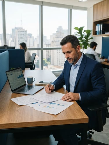 Modern workspace in São Paulo, a focused Brazilian business owner reviewing documents next to a laptop, bright natural daylight, clean corporate blue and warm wood tones, sharp focus, 35mm