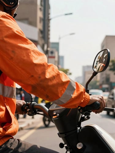 Dynamic low-angle shot of a delivery driver's hands on motorcycle handlebars on a busy Johannesburg street, vibrant safety-orange jacket, high-contrast warm daylight, 35mm.