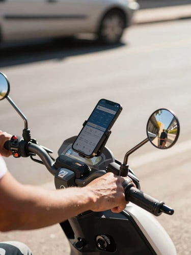 A close-up of a delivery driver's hand on a motorcycle handlebar, digital wallet app visible on a mounted smartphone, bright South African daylight, high-contrast warm tones, 35mm.