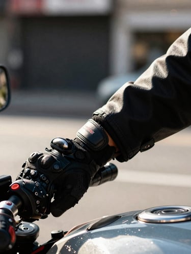 Close-up of a driver's hands in protective gloves gripping motorcycle handlebars, realistic daylight, high-contrast urban setting