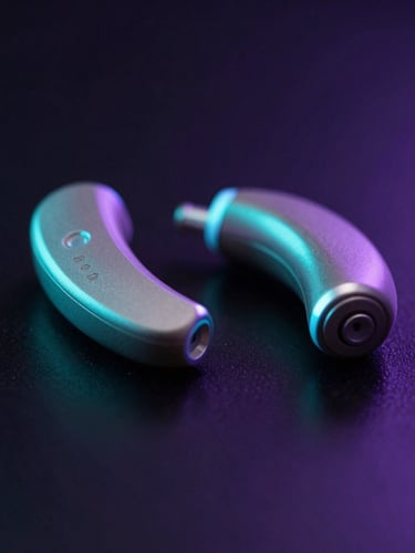 Sleek close-up of premium audiology hearing aids on a dark reflective surface, neon cyan rim lighting, sharp macro focus, 35mm.