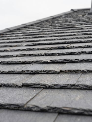 Macro close-up of slate roofing tiles on a historic building, clean architectural detail, overcast daylight, desaturated neutral tones, 35mm
