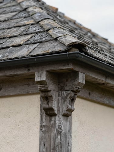 Close-up macro shot of historic timber joints and slate roofing details on a residential property, overcast natural daylight, desaturated neutral tones, sharp focus, 35mm