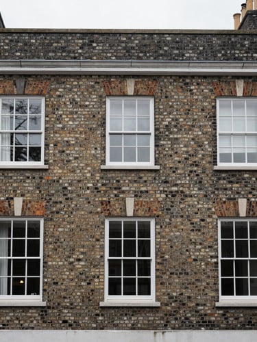 Straight-on architectural crop of a Georgian townhouse brick facade, natural overcast daylight, desaturated neutral tones, sharp focus, 35mm