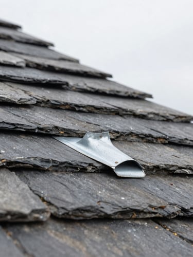 Detailed macro shot of a weathered slate roof with lead flashing, crisp architectural photography, natural overcast daylight, desaturated neutral tones, sharp focus, 35mm
