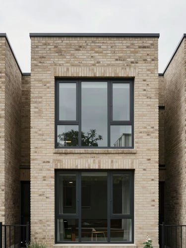 Straight-on architectural framing of a modern brick residential property, clean lines, natural overcast daylight, desaturated neutral tones, 35mm