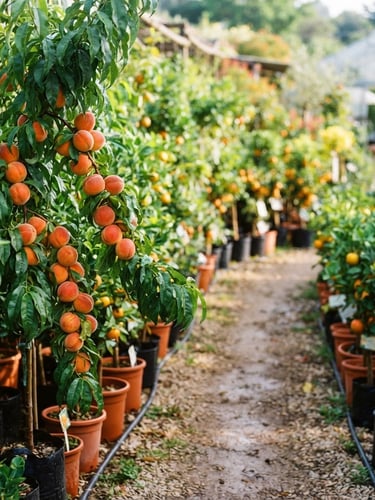 Wide shot of healthy, fruit-bearing branches in a nursery, bright natural morning sunlight, rich saturated botanical colors, shallow depth of field, 35mm, with a clear path leading into the background.