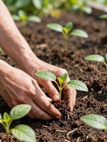 Close-up of weathered hands gently tending to young saplings in rich soil, bright natural morning sunlight, rich saturated botanical colors, shallow depth of field, 35mm, showing healthy rootstocks.