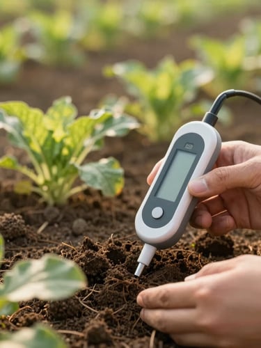 Close-up of hands examining dark fertile soil with a modern digital sensor probe inserted, lush green crops blurred in the background, warm morning light.