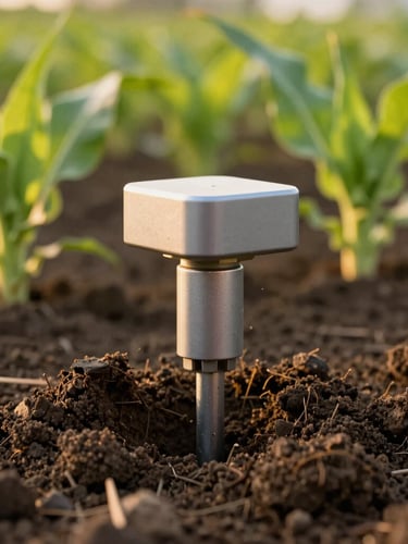 Close-up of a high-tech agricultural soil sensor probe inserted into rich dark soil, green crop leaves in soft focus background, warm golden hour sunlight, detailed texture