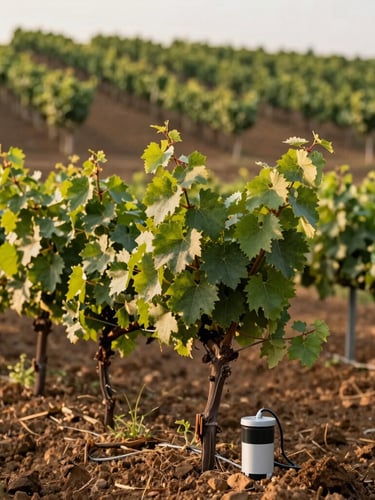Portrait shot of structured grape trellises on a rolling hill in Jundiaí under warm morning light, lush green leaves, soil sensor visible in the foreground, professional agriculture photography.