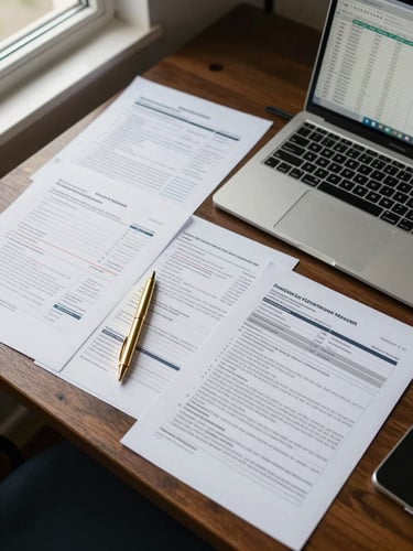 Overhead flat-lay of an organized desk: neatly arranged tax documents, a gold pen, and a laptop showing a spreadsheet, soft window light from the left, precise and ordered