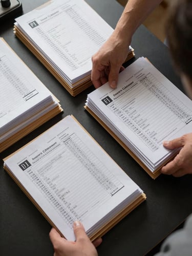 Close overhead view of hands organizing a set of tax filing folders on a dark desk surface, documents labeled and sorted in parallel rows, soft studio light from above, crisp shadows, no person visible above the wrists
