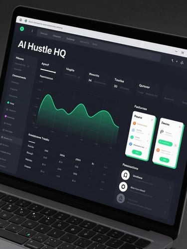 Crisp, high-contrast dark mode UI mockup of the AI Hustle HQ dashboard, showing traffic analytics and featured tool cards with electric green borders.