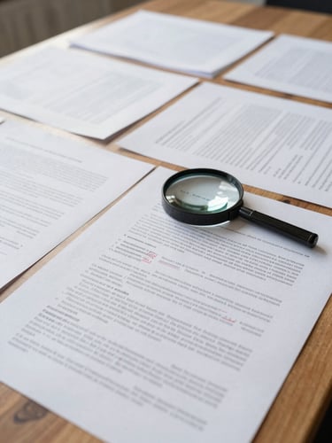 Wide environmental shot looking across a large wooden desk, patent draft documents spread open and marked up in red pen, a magnifying glass resting on a dense claims page, overhead diffused natural light, no people visible, document text fills the foreground frame