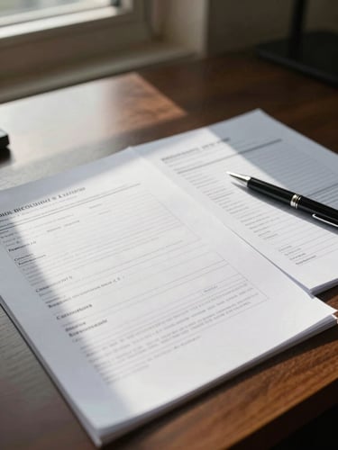 Wide environmental shot of a legal desk, close-up of trademark application pages spread flat under overhead office light, a pen resting beside annotated class schedules, natural daylight from a nearby window casting soft parallel shadows across the documents