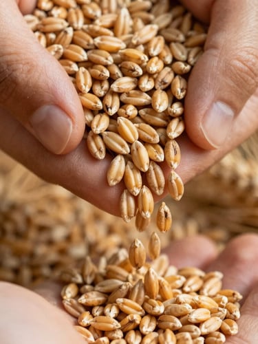 Close-up macro shot of raw golden wheat grains pouring through fingers, high contrast, warm daylight