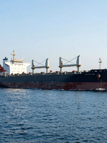 Wide environmental shot of a modern bulk carrier vessel navigating calm deep blue waters under a bright morning sun.