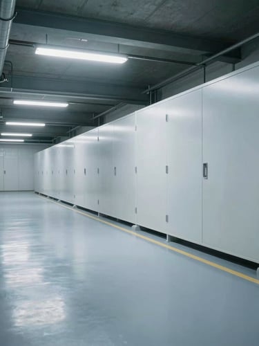 Wide environmental shot of a sterile, modern cold-storage logistics facility, cool-toned industrial lighting, clean reflective floors, spacious composition.