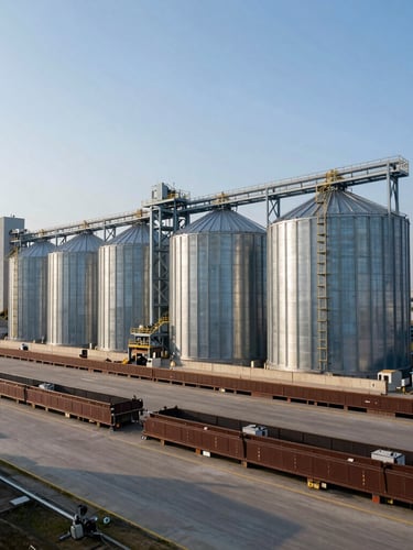 Wide-angle environmental shot of modern agricultural bulk cargo terminal, massive grain silos under crisp high-contrast morning light, industrial shipping infrastructure.