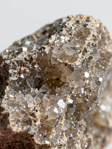 Macro close-up of raw industrial minerals showing rich texture and purity, crisp high-contrast daylight, sharp focus on crystalline structures, minimal background