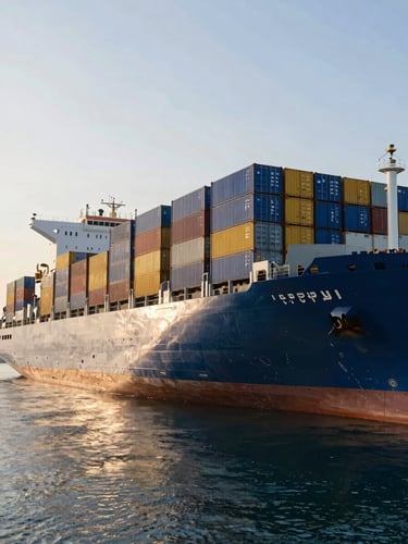 Wide-angle environmental shot of a massive container vessel docked at the Port of Jebel Ali, towering stacks of blue and gold cargo containers, brilliant morning light reflecting off the water.