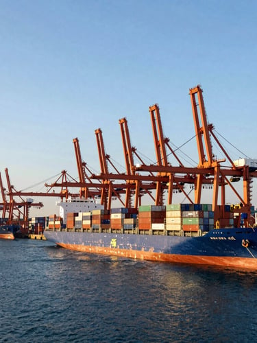 Wide-angle environmental shot of a massive maritime cargo port at golden hour, container ships docked, towering cranes, deep blue water, clean horizon, high-contrast lighting.