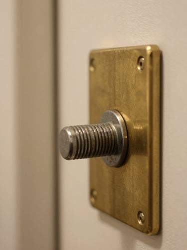 Macro shot of a heavy steel lock bolt sliding into a solid brass strike plate, soft warm hallway light, metallic textures