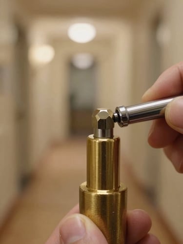Macro shot of a high-security brass lock cylinder being precisely adjusted by a locksmith's hand, soft warm Parisian hallway lighting, metallic reflections, shallow depth of field