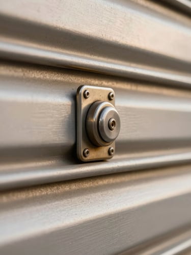 Macro shot of a high-security roller shutter steel mechanism, brushed metal texture, soft warm Parisian daylight filtering through, shallow depth of field.