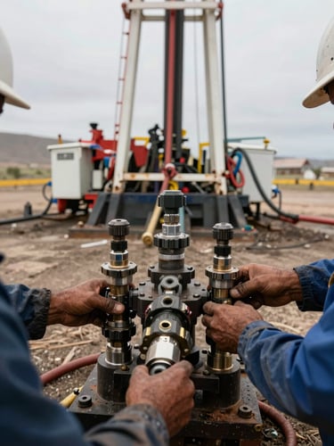 Close-up ground-level view of a workover rig base and drill pipe connections on a Peruvian well site, crew hands securing equipment fittings, flat neutral daylight, industrial documentary framing