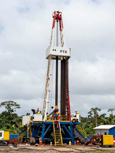 Environmental wide shot of a PTX drilling rig fully rigged up on a well pad in flat overcast daylight, Peruvian jungle visible in the background, no crew visible, mast and substructure in sharp focus showing equipment detail