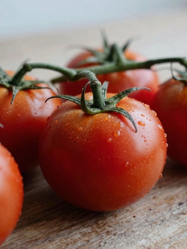 Macro close-up of heirloom tomatoes on a rustic wooden table, soft Scandinavian overcast daylight, rich crimson tones, shallow depth of field, 35mm