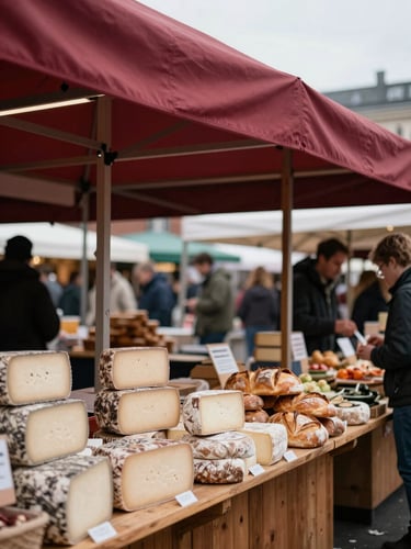 Soft Scandinavian overcast daylight shining on a bustling indoor food market hall, wooden vendor stalls with artisanal cheeses and fresh sourdough, rich crimson accents, shallow depth of field, 35mm